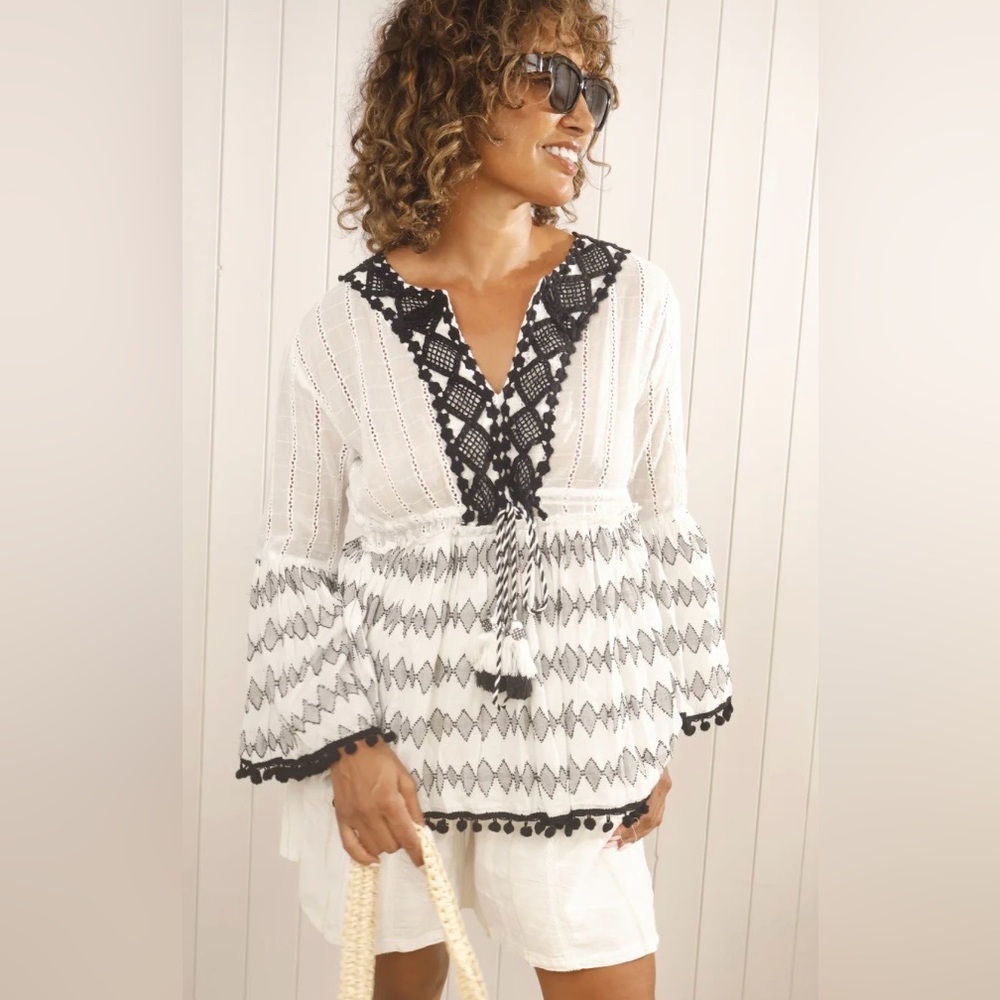 White & Black Embroidered Peasant Top